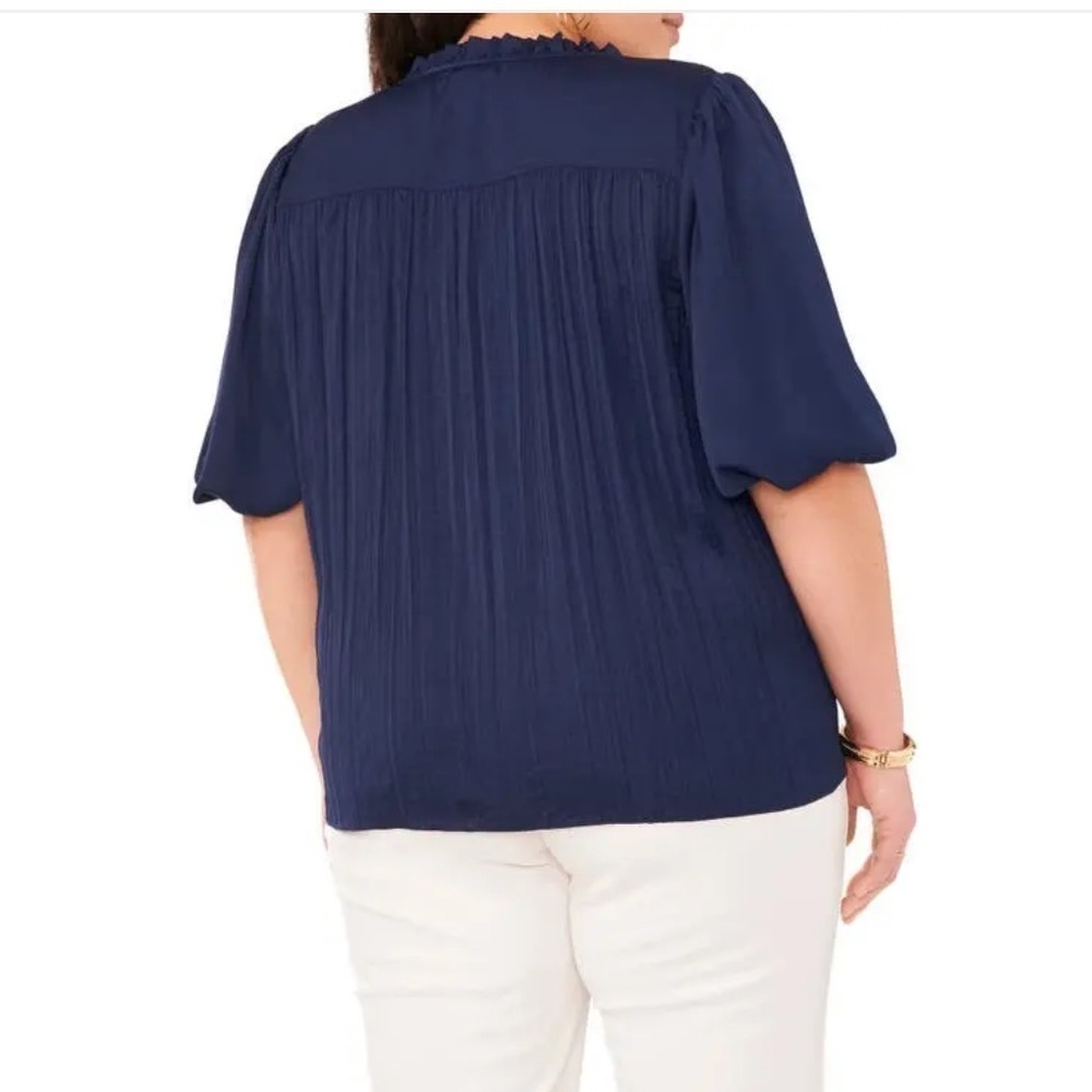 Vince Camuto Pleated Puff Sleeve Rumple Blue Blouse - Picture 2 of 16